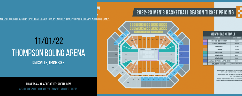 2022-2023 Tennessee Volunteers Men's Basketball Season Tickets (Includes Tickets To All Regular Season Home Games) at Thompson Boling Arena